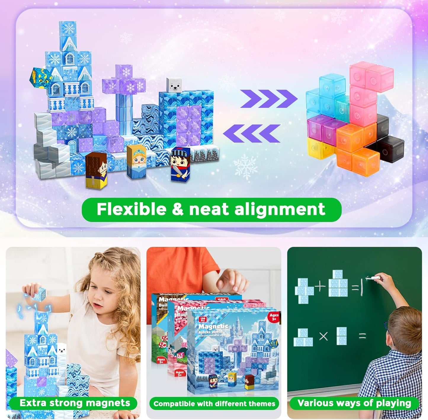 Magnetic Blocks - 100Pcs 0.8in Magnetic Building Block for Kids Ages 4-8, Transparent Magnet Block Blue Princess Castle, Magnet Cubes Tiles Princess Toy for Girl 3 4 5 6 7 8-12 Birthday Gift
