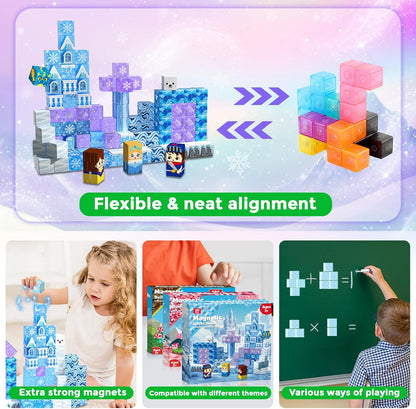 Magnetic Blocks - 100Pcs 0.8in Magnetic Building Block for Kids Ages 4-8, Transparent Magnet Block Blue Princess Castle, Magnet Cubes Tiles Princess Toy for Girl 3 4 5 6 7 8-12 Birthday Gift