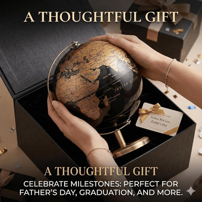 6 Inch Small World Globe with Antique Bronze Stand Black Gold Earth Desktop Decor for Kids & Adults Geography Learning Globe for Home Office Classroom