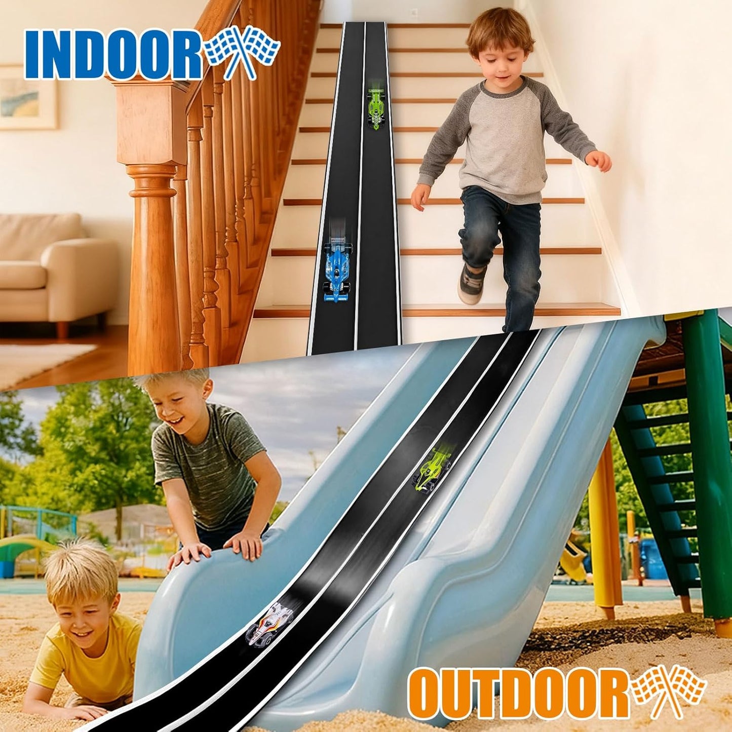 Flexible Race Track Toys for Kids, 15 Ft Double Lane Racetrack with 4 Cars & Suction Cups, Compatible with Hot Wheels & 1/64 Diecast Cars, Portable Roll Up Car Ramp Track Set for Ages 3+(Yellow&Blue)