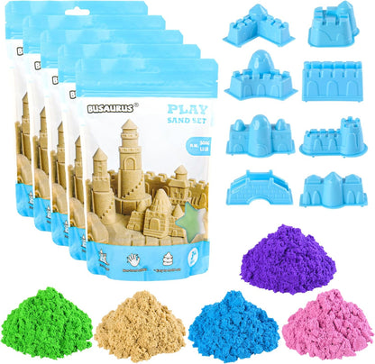 Magic Sand for Kids – 5.5 Lbs Bulk Magic Moving Sand Play Set with 5 Colors & 8 Castle Molds – Non-Toxic, Non-Sticky Squeezable Play Sand Refill for Sensory Bin, Arts Crafts, Boys Girls Birthday Gifts
