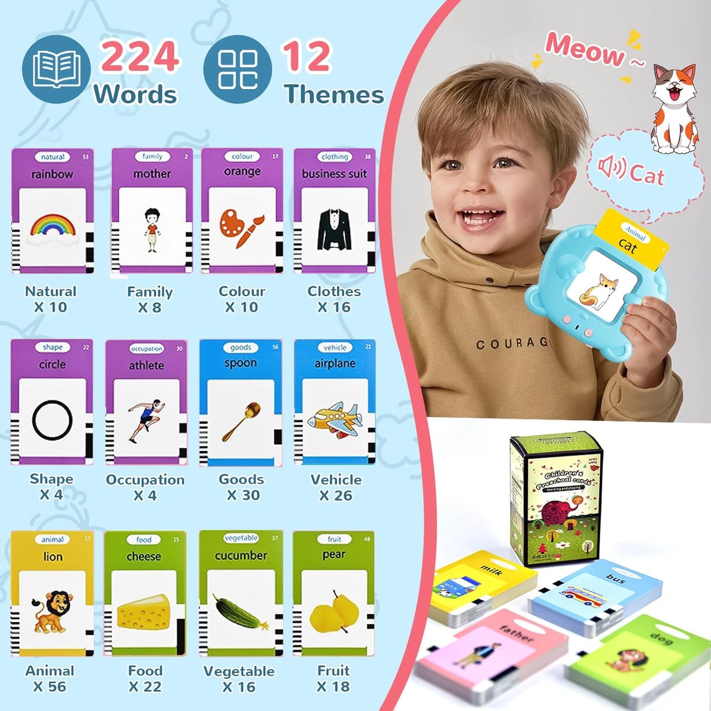 Spanish & English Talking Flash Cards for Toddler, Bilingual Flash Cards Learning Montessori Toys with 224 Sight Words, Speech Therapy Toys for Children Sensory Preschool Education