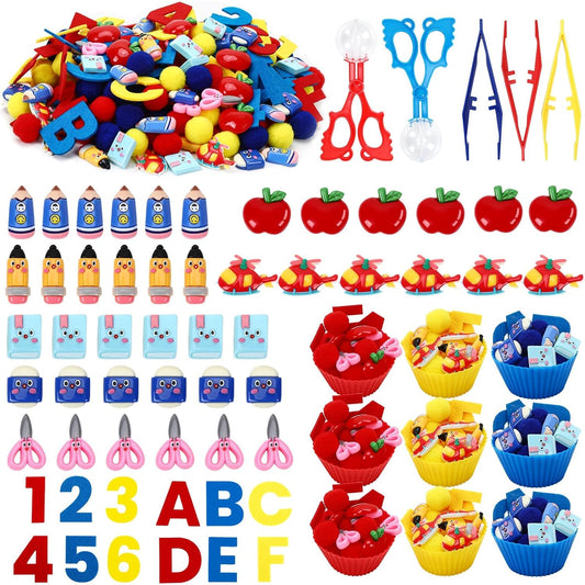 Sensory Bin Filler Set with Pom Poms, Sensory Bin Fillers for Fine Motor Development Counting and Sorting for Fine Motor Skills, Back to School Learning Activities