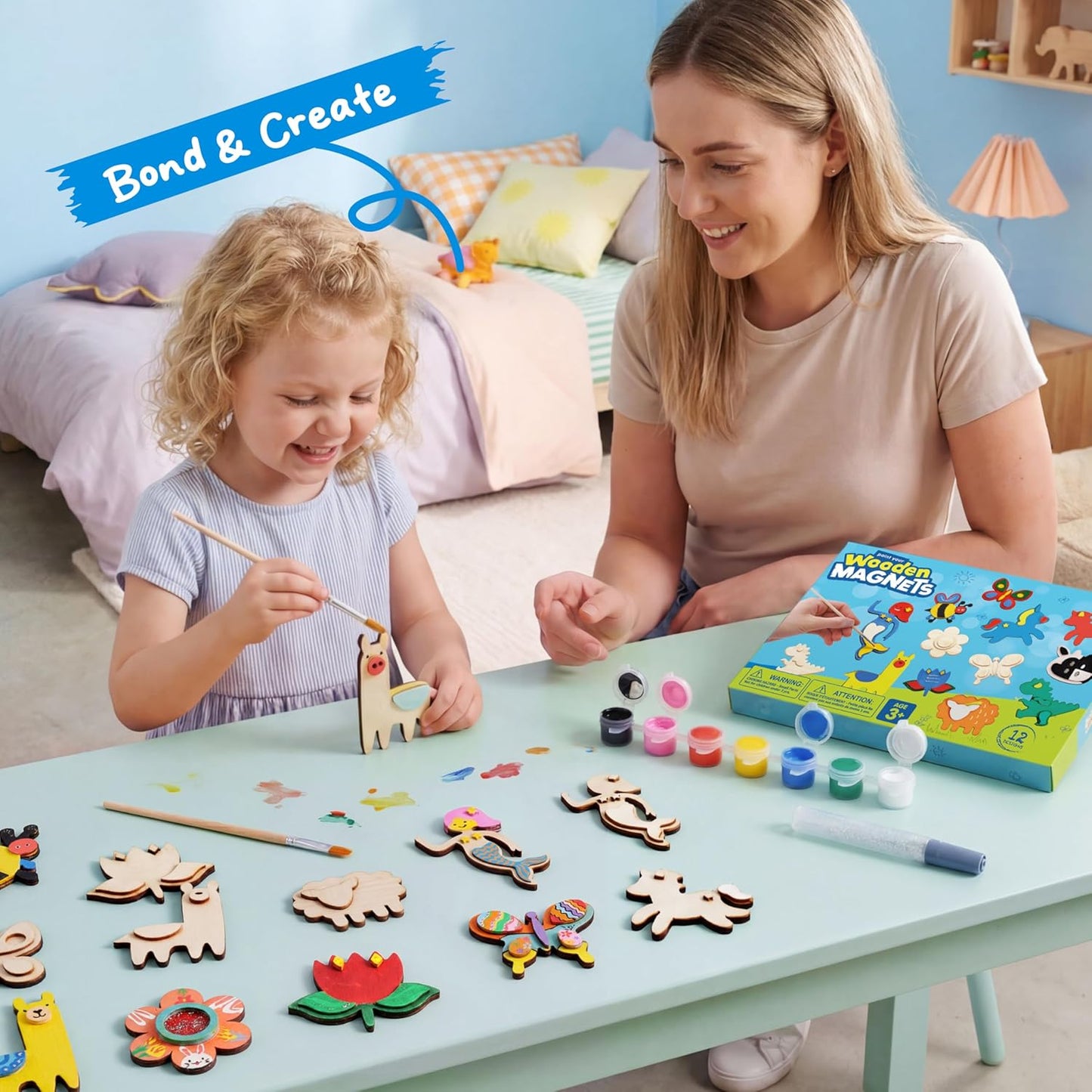 JOYIN 12 Wooden Magnet Creativity Arts & Crafts Painting Kit for Kids, Decorate Your Own Painting Gift for Halloween Crafts, Birthday Parties and Family Crafts, Party Favors for Boys Girls