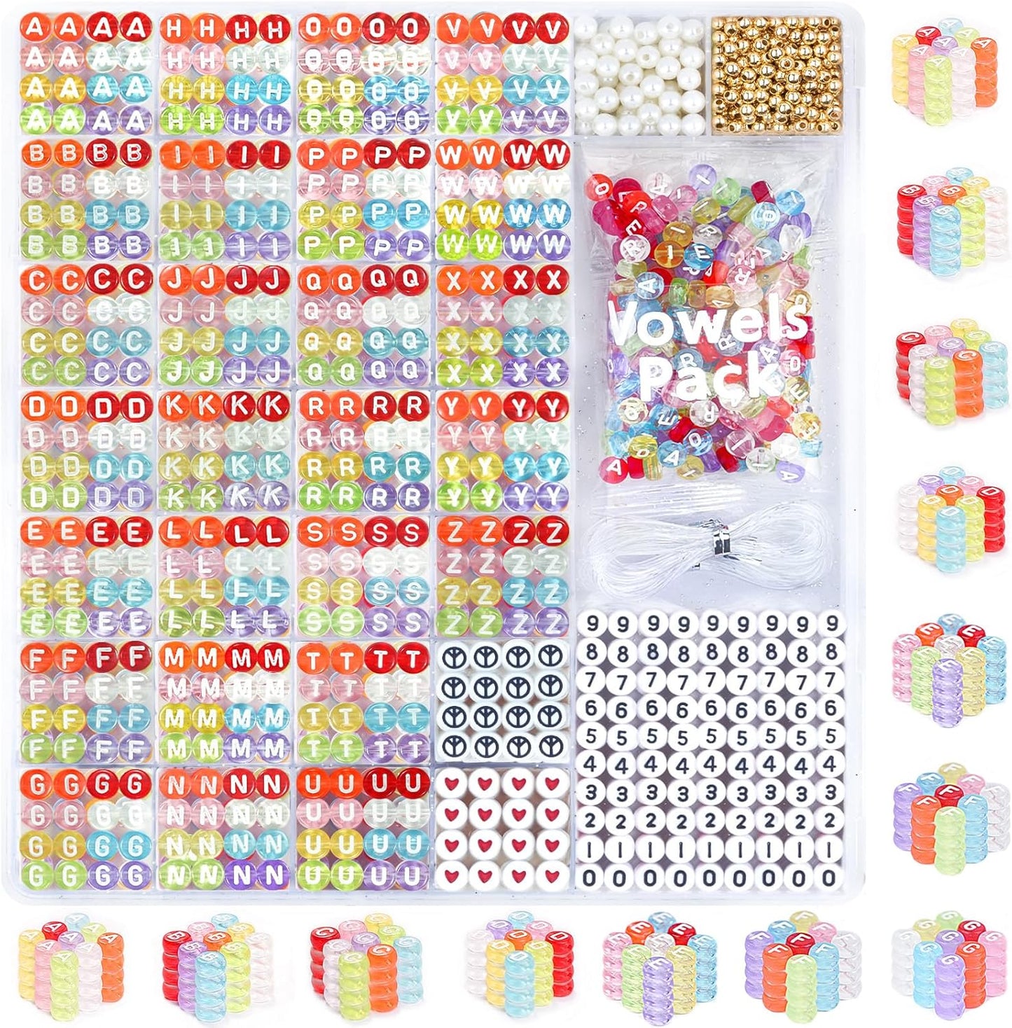 DoDoBeads 1270 Pcs Letter Beads Kit, White and Colorful Square Acrylic Alphabet Beads with Extra Vowels, Numbers & Spacers, Perfect for Friendship Bracelets