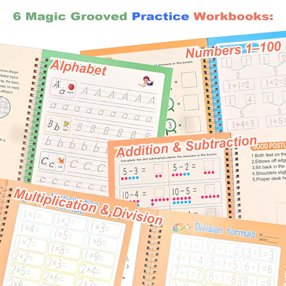 Magic Grooved Practice Copybook for Kids 3-8 - 6 Reusable Handwriting Practice Books with Pens | Letter & Number Tracing, Math & Drawing | Preschool & Kindergarten Workbook Set