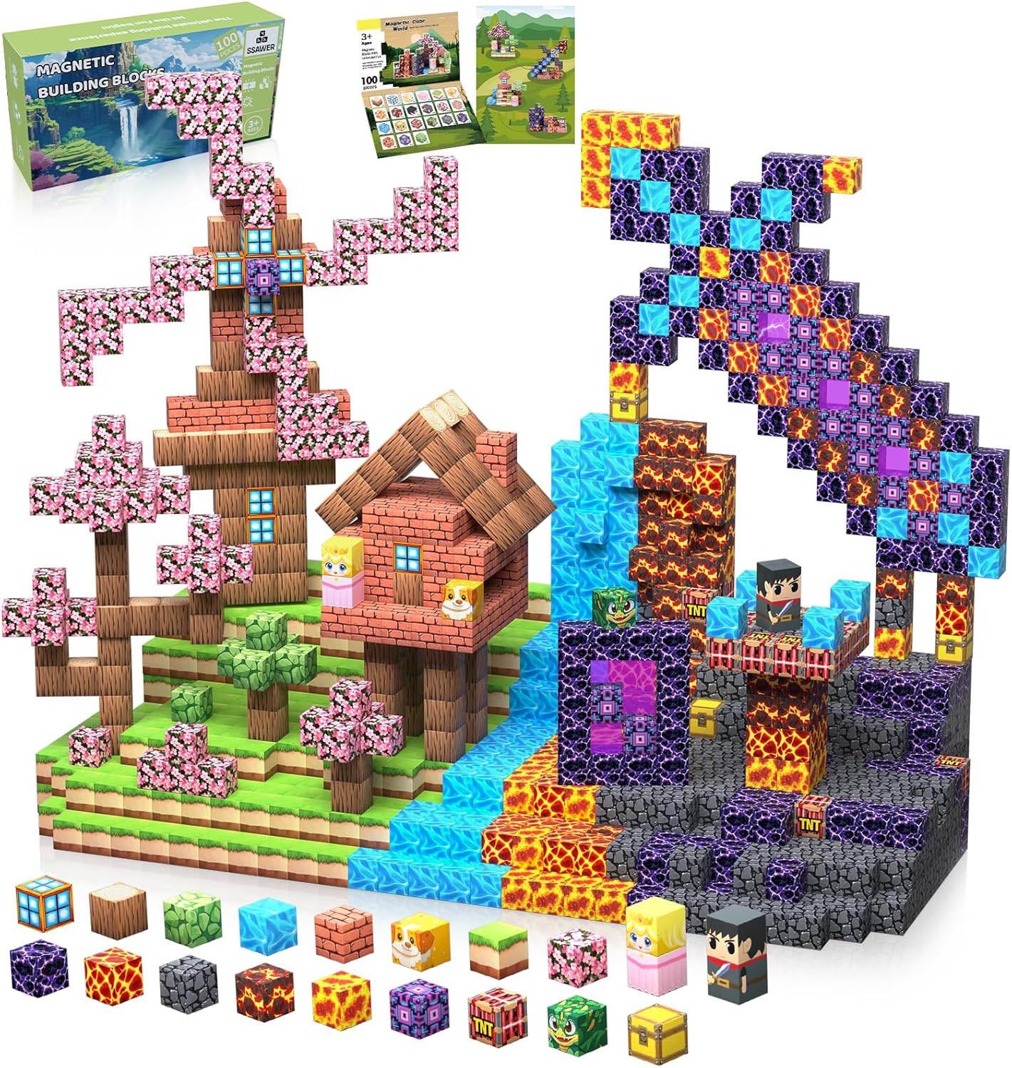 Magnetic Blocks Toys for Kids, 100 PCS Building Blocks Cubes, Stacking Magnetic Tiles Toys for Kids Toddlers Boys Girls Ages 3 4 5 6 7 8-12 Birthday Gifts Party Supplies (Underworld)
