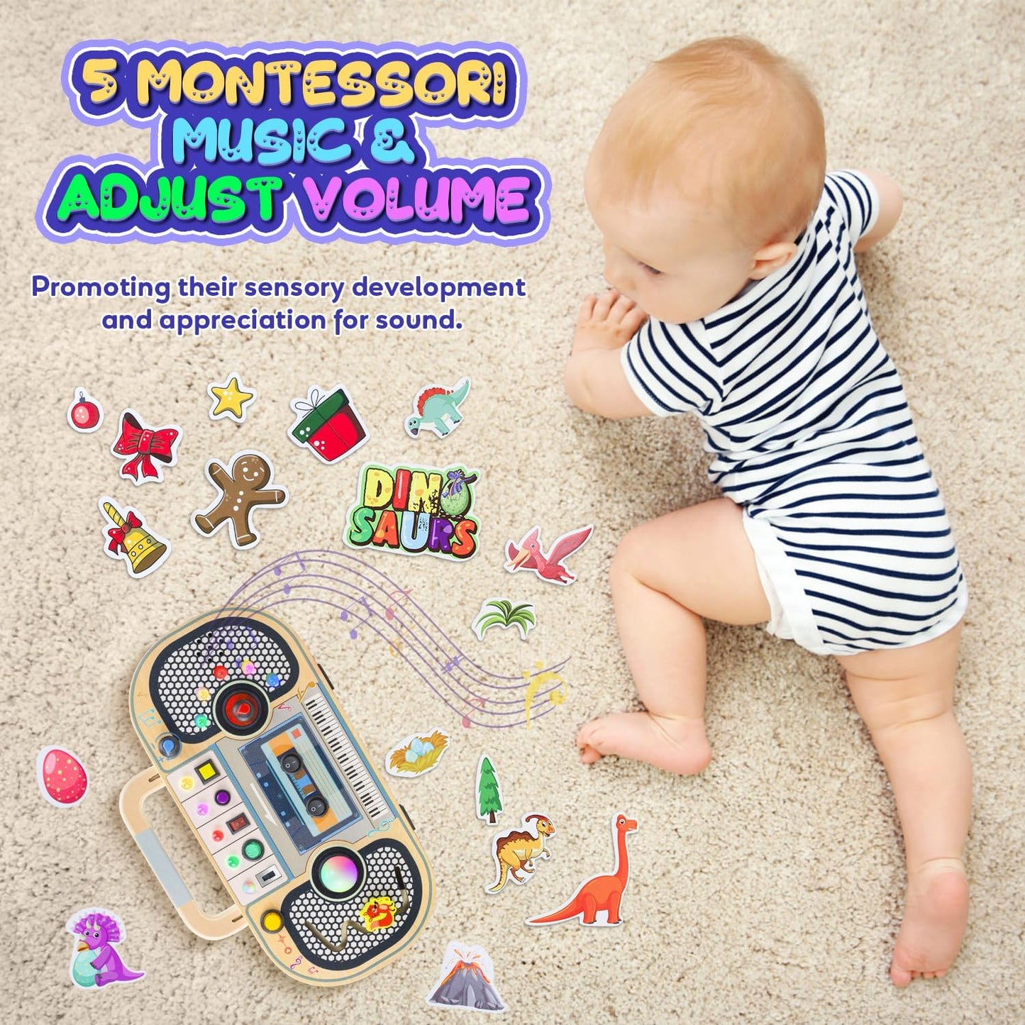 Ansee Busy Board Montessori Toys for Toddlers, Wooden Sensory Toys with LED Light, Switches, Music, Labyrinth, Adjust Volume, 2 DIY Stickers, Learning Travel Toys