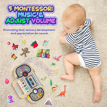 Ansee Busy Board Montessori Toys for Toddlers, Wooden Sensory Toys with LED Light, Switches, Music, Labyrinth, Adjust Volume, 2 DIY Stickers, Learning Travel Toys