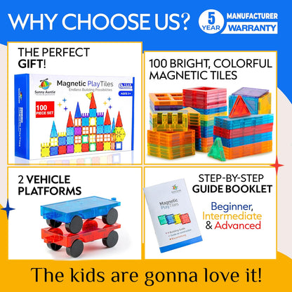 SUNNY AUNTIE Magnetic Tiles 56 PCS Building Set – Magnetic Building Tiles STEM Toy for Kids & Toddlers Ages 3-8, Magnet Construction Set for Boys & Girls