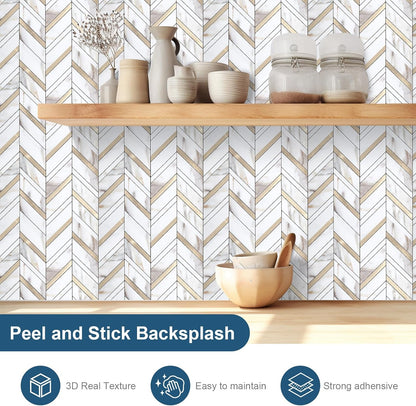 Yipscazo 10 Sheets Herringbone Backsplash Peel and Stick Tile, Marble Calacata Mixed Metal Gold PVC Stick on Backsplash for Kitchen, Waterproof Self Adhesive Wall Tile for Bathroom