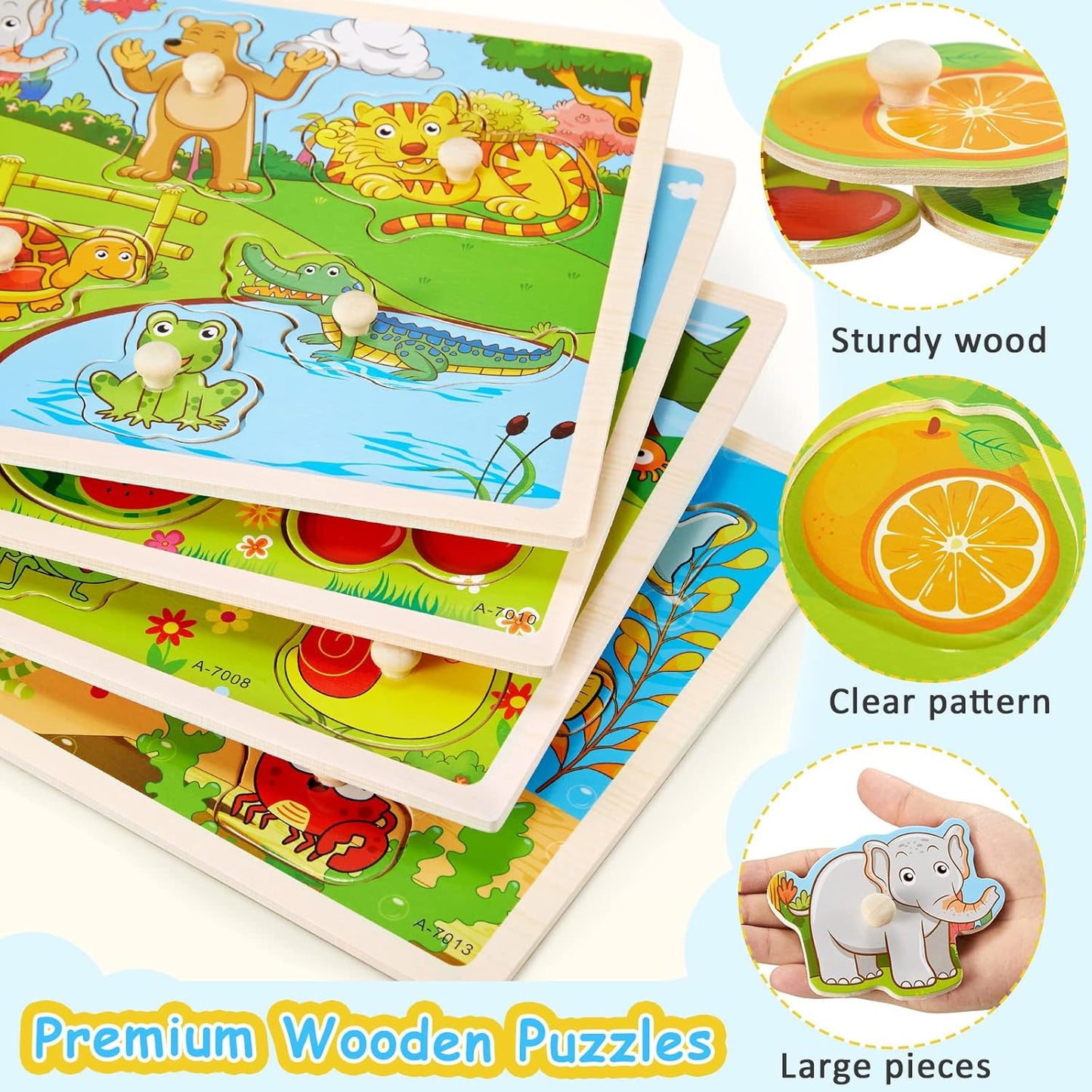 Chivao 8 Pack Wooden Peg Puzzles for Toddlers 2 3 4 5 Years Old Wood Peg Puzzle Animals Wood Jigsaw Puzzles with Animal Vehicle Fruit Shapes, Learning Educational Toy Kids Puzzle for Girls and Boys