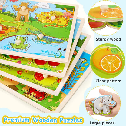 Chivao 8 Pack Wooden Peg Puzzles for Toddlers 2 3 4 5 Years Old Wood Peg Puzzle Animals Wood Jigsaw Puzzles with Animal Vehicle Fruit Shapes, Learning Educational Toy Kids Puzzle for Girls and Boys