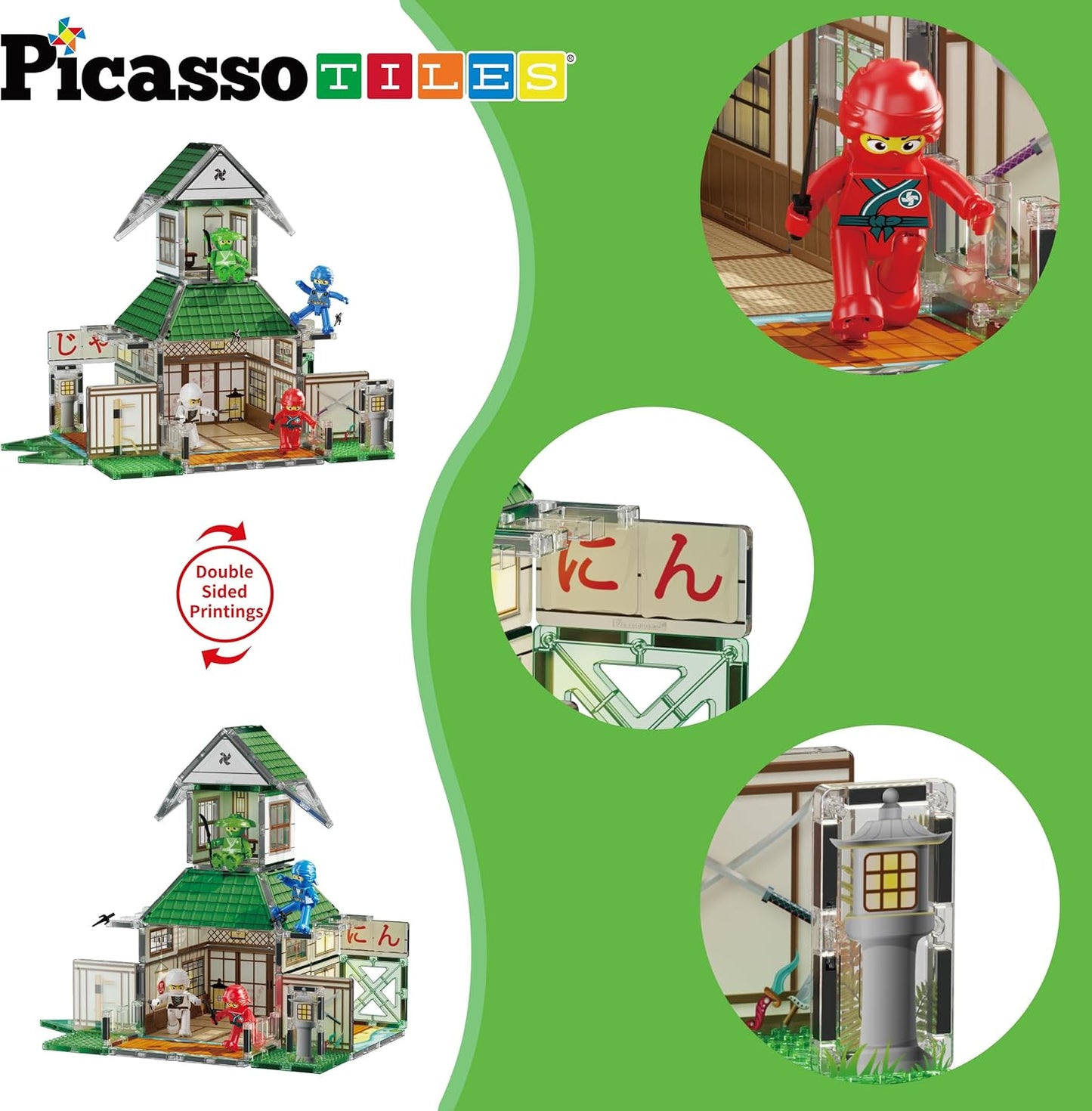 PicassoTiles 60pc Magnetic Tile Princess Castle Building Set with Double Sided Printed Tiles 2 Character Figures STEM Educational Toy Kit for Kids Pretend Play Montessori Learning Ages 3 to 8 PTQ04