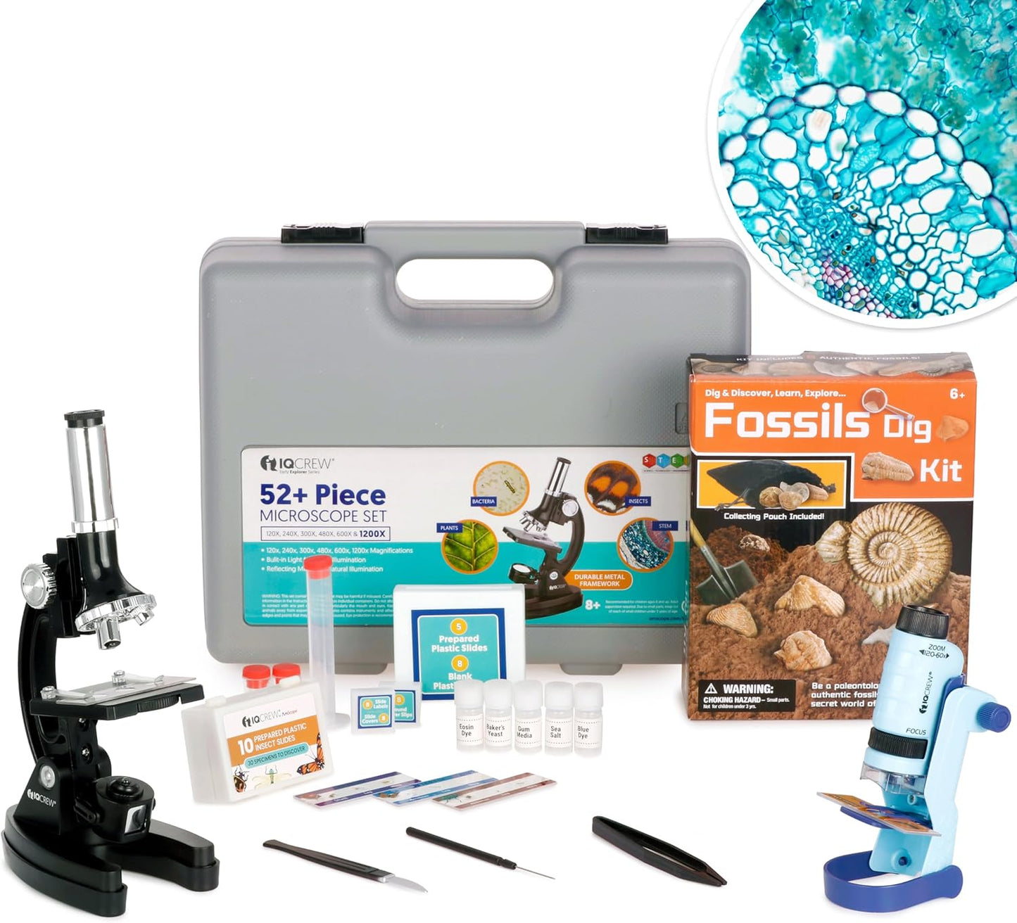 AMSCOPE-Kids 120X-1200X White Metal Arm Starter Kids Student Microscope Kit and Compact Refractor Telescope with Tripod - M30-ABS-KT2-W-TKVB1