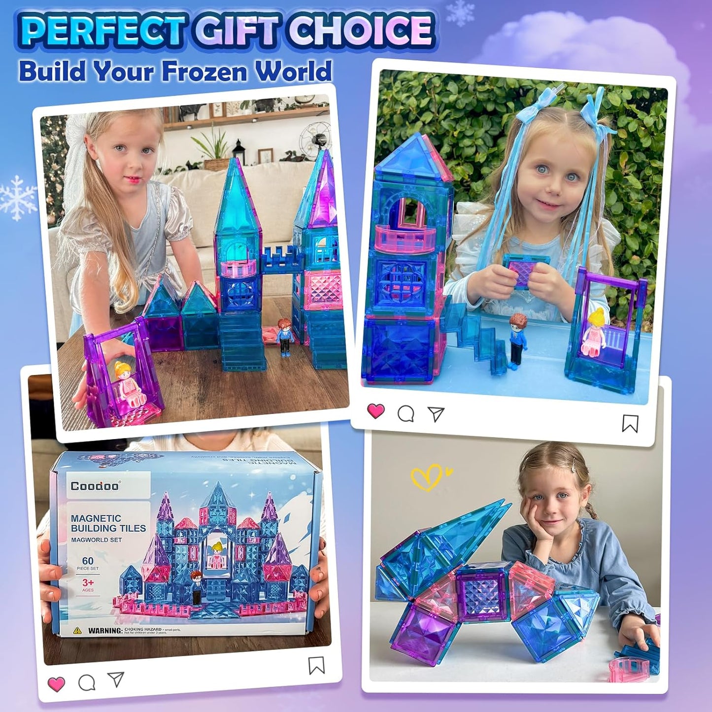 Coodoo Diamond Magnetic Tiles Magnetic Building Blocks STEM Sensory Toy for Boys Girls Pink Castle Dollhouse Pretend Princess Toys for 3 4 5 6 Year Old Girls Toys Birthday Xmas Present