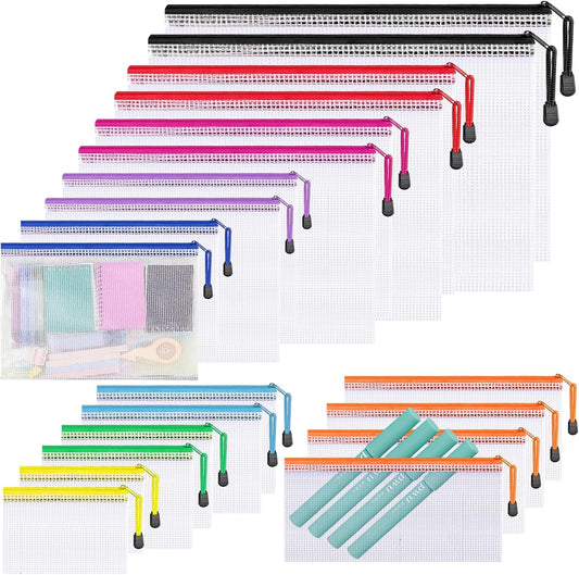 Krvyrn Mesh Zipper Pouches, 12 Pack A3 Waterproof Zipper Pouches for Board Game Storage, Puzzle Storage, Office and School Supplies, Home, Travel Organizer