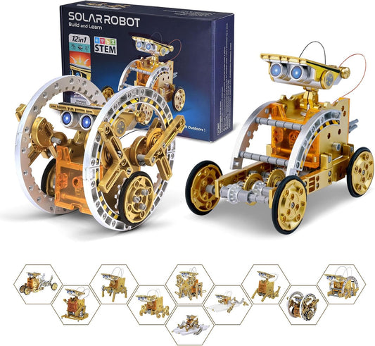 Solar Robot Kit for Kids Age 8-12, STEM Building Toys,12-in-1 Build Your Own Robot with Solar Panel & Battery Power, Science Engineering Christmas Birthday Idea Gifts for Boy Age 8 9 10 11 12