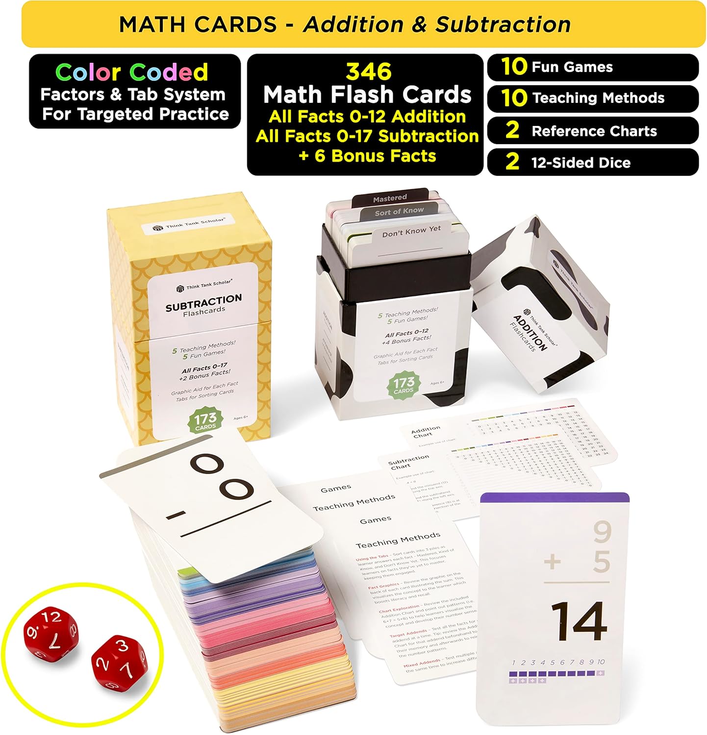 Think Tank Scholar 346 Addition and Subtraction Flash Cards Set (Award Winning) All Facts Color Coded, for Kids in Kindergarten, 1st, 2nd, 3rd Grade Class or Homeschool - Games & Chart