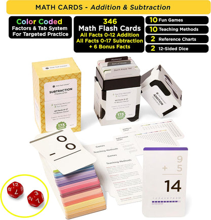 Think Tank Scholar 346 Addition and Subtraction Flash Cards Set (Award Winning) All Facts Color Coded, for Kids in Kindergarten, 1st, 2nd, 3rd Grade Class or Homeschool - Games & Chart