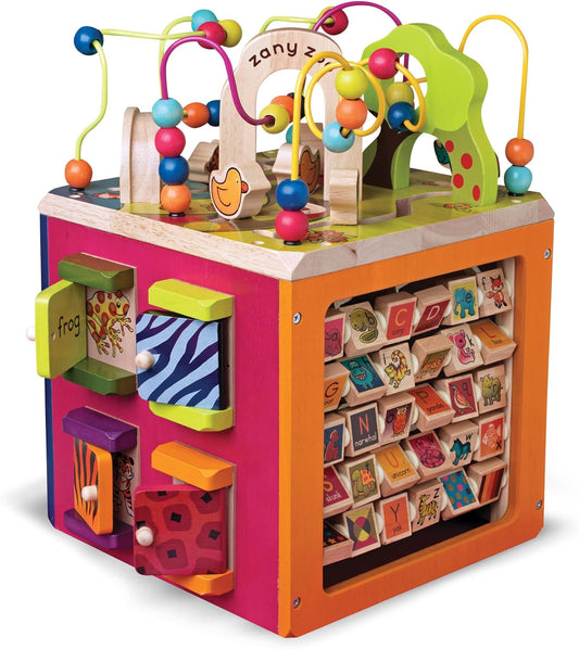 B. toys – Tabletop Activity Cube – Educational Storybook Included – Wooden Shape Sorter, Bead Maze, Animal Tiles – Top Flips for Compact Storage – 12+ Months – Lil' Learning Cube