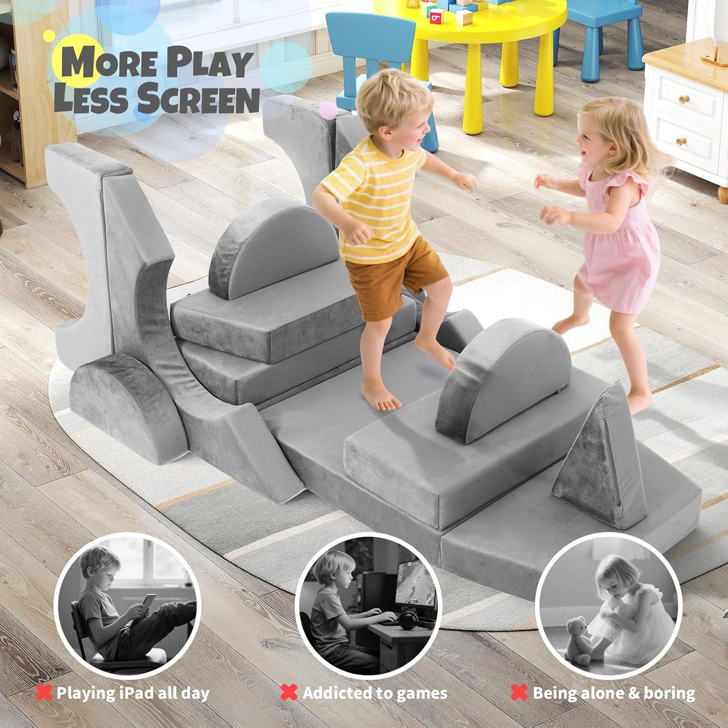 Tangram Puzzles modular kids play couch building fort, Children explorer sofa with Ball Pit, Kids playroom convertible furniture for Inspiring Child Creativity, Made entirely of sponge (Blue Series)