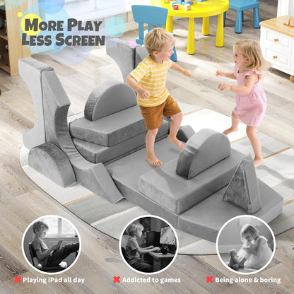 Tangram Puzzles modular kids play couch building fort, Children explorer sofa with Ball Pit, Kids playroom convertible furniture for Inspiring Child Creativity, Made entirely of sponge (Blue Series)
