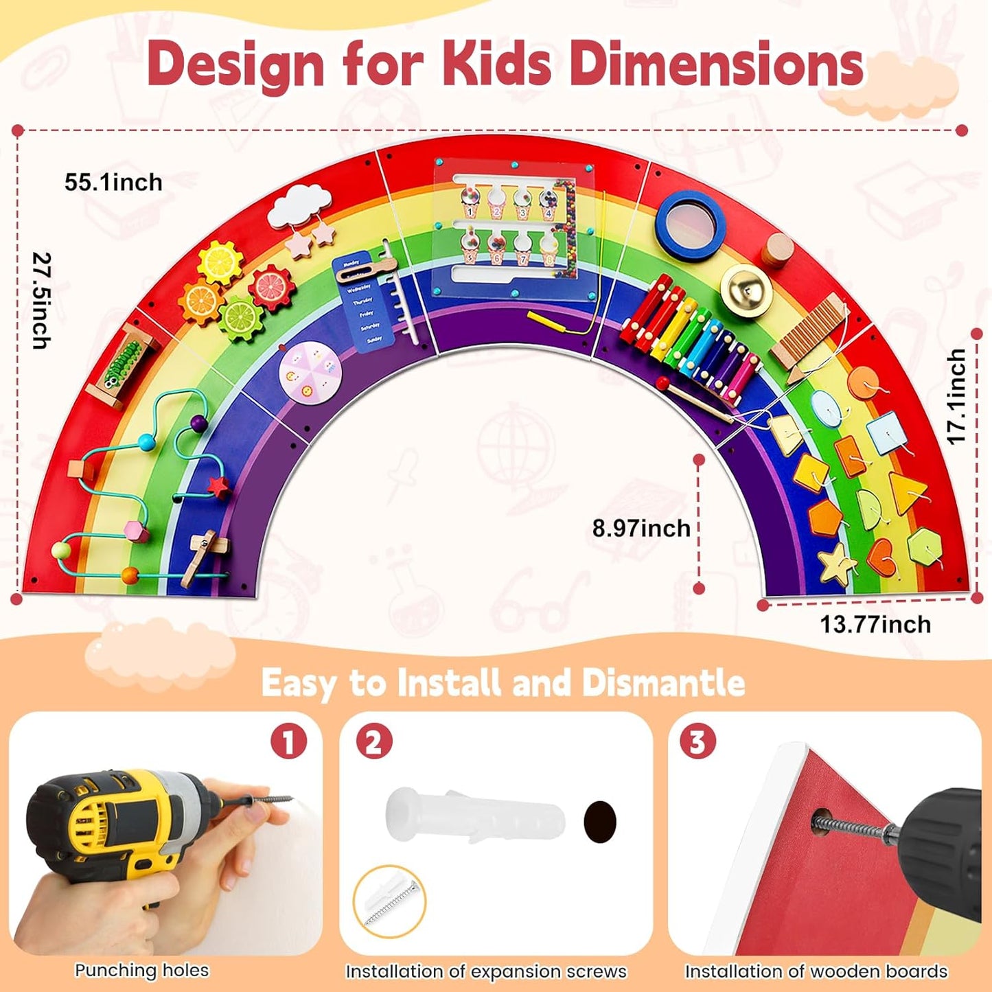 Rainbow Sensory Wall Panel for Toddlers 1-3 - Large Wooden Busy Board Wall Mount - 13-in-1 Montessori Activity Center for Daycare, Autism Sensory Room, Preschool Learning & Nursery Decor
