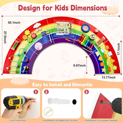 Rainbow Sensory Wall Panel for Toddlers 1-3 - Large Wooden Busy Board Wall Mount - 13-in-1 Montessori Activity Center for Daycare, Autism Sensory Room, Preschool Learning & Nursery Decor
