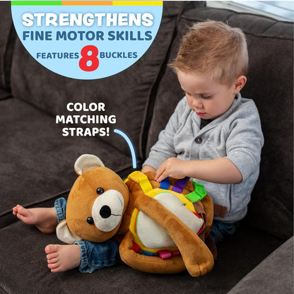 Buckle Toys Bear Backpack - Toddler Backpack & Stuffed Animal Learning Activity – Develops Fine Motor & Basic Life Skills – Soft Plush Kids Travel Toy - Billy Bear