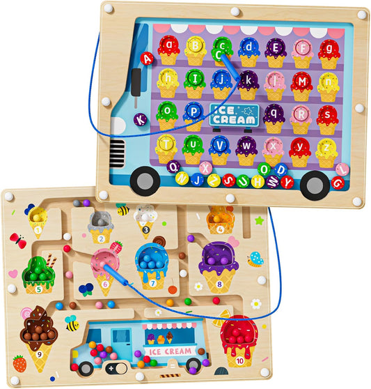 2 in 1 Magnetic Maze Board for Kids Montessori Toys Double-Sided Counting Magnetic Alphabet Letters ABC Magnets Puzzles 3-5 Age Boys and Girls Birthday Gifts