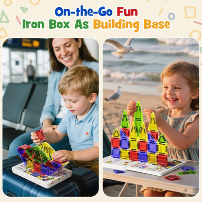 Magnetic Tiles for Kids Ages 4-8, Magnetic Blocks Travel Set with Diamond Surface & Metal Storage Box, 60PCS STEM Learning Toys, Educational Building Gifts for 3-8 Year Olds