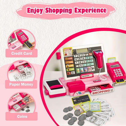 Cash Register for Kids Real Calculator Kids Cash Register with Scanner Toy for 3 4 5 6 7 8 Year Old Boy Pretend Play Store with Music / Food / Shopping Cart Learning Toys Gifts for Boys Ages 4-8
