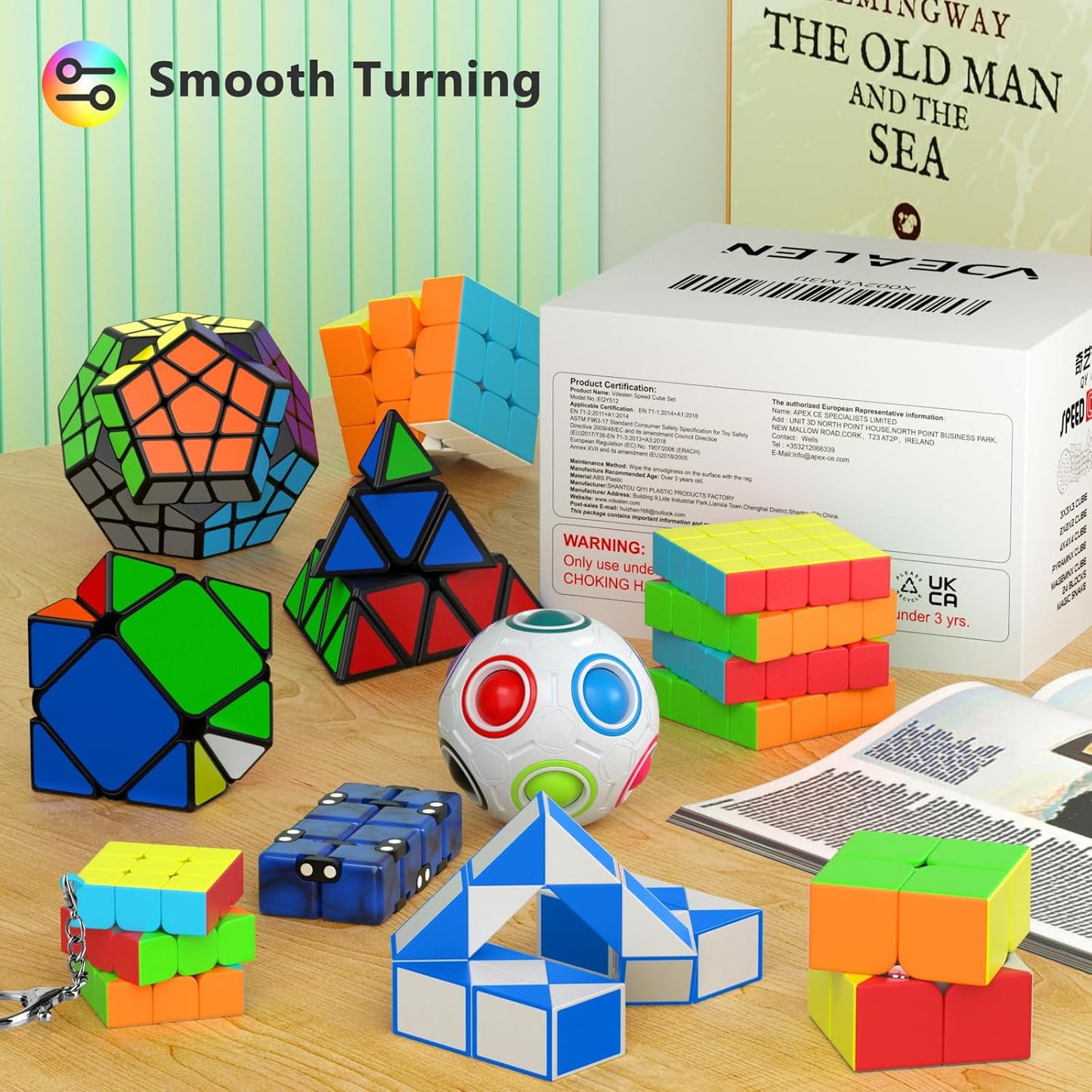 Vdealen Speed Cube Set, 7 Pack Puzzle Cube Bundle Fidget Ball 2x2 3x3 4x4 Pyramid Dodecahedron Rainbow Snake Magic Cube, Smooth Cube Game Toys Gift for Kids & Adults