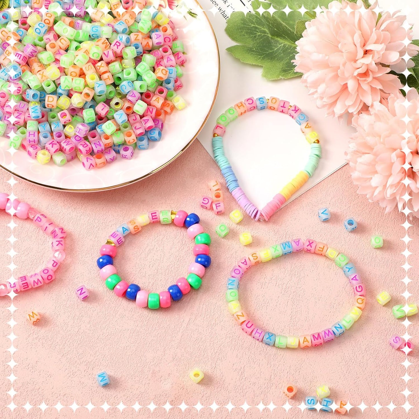Letter Beads, Augshy 1400 Pcs Morandi Cube Alphabet Bead,Square Letter Beads with 1 Roll 10M Crystal String Cord (6mm)