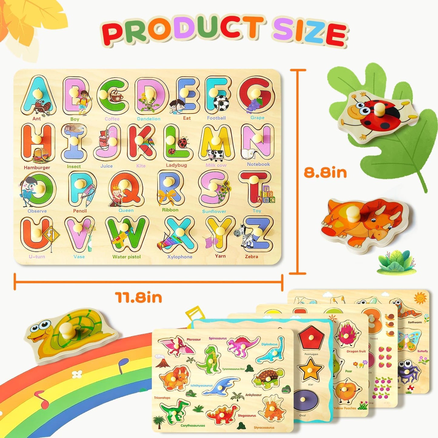 MerryPony Wooden Peg Puzzle for Toddlers 2 3 4 Years Old, 6 Pcs Montessori Toddler Puzzle - Alphabet, Shape, Number, Fruit, Dinosaur and Insect Puzzles, Baby Puzzle, Learning & Education Toys for Kids