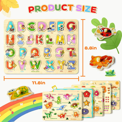 MerryPony Wooden Peg Puzzle for Toddlers 2 3 4 Years Old, 6 Pcs Montessori Toddler Puzzle - Alphabet, Shape, Number, Fruit, Dinosaur and Insect Puzzles, Baby Puzzle, Learning & Education Toys for Kids