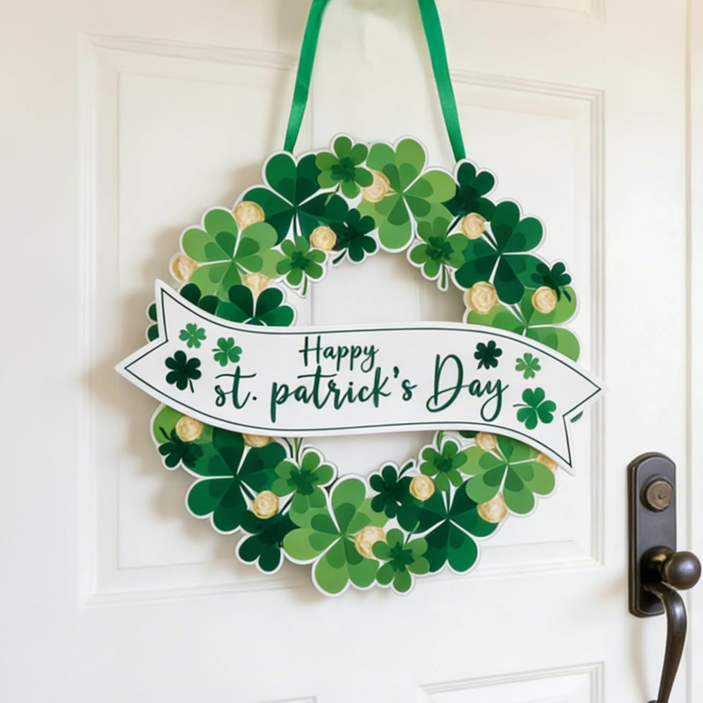 AOMOONOA Lighted St. Patrick’s Day Wreath for Front Door, Battery Operated Shamrock Wreaths with Timer, Wooden Foldable Wreath with Magnetic Word Signs for Irish Holiday Outdoor, Wall Decor