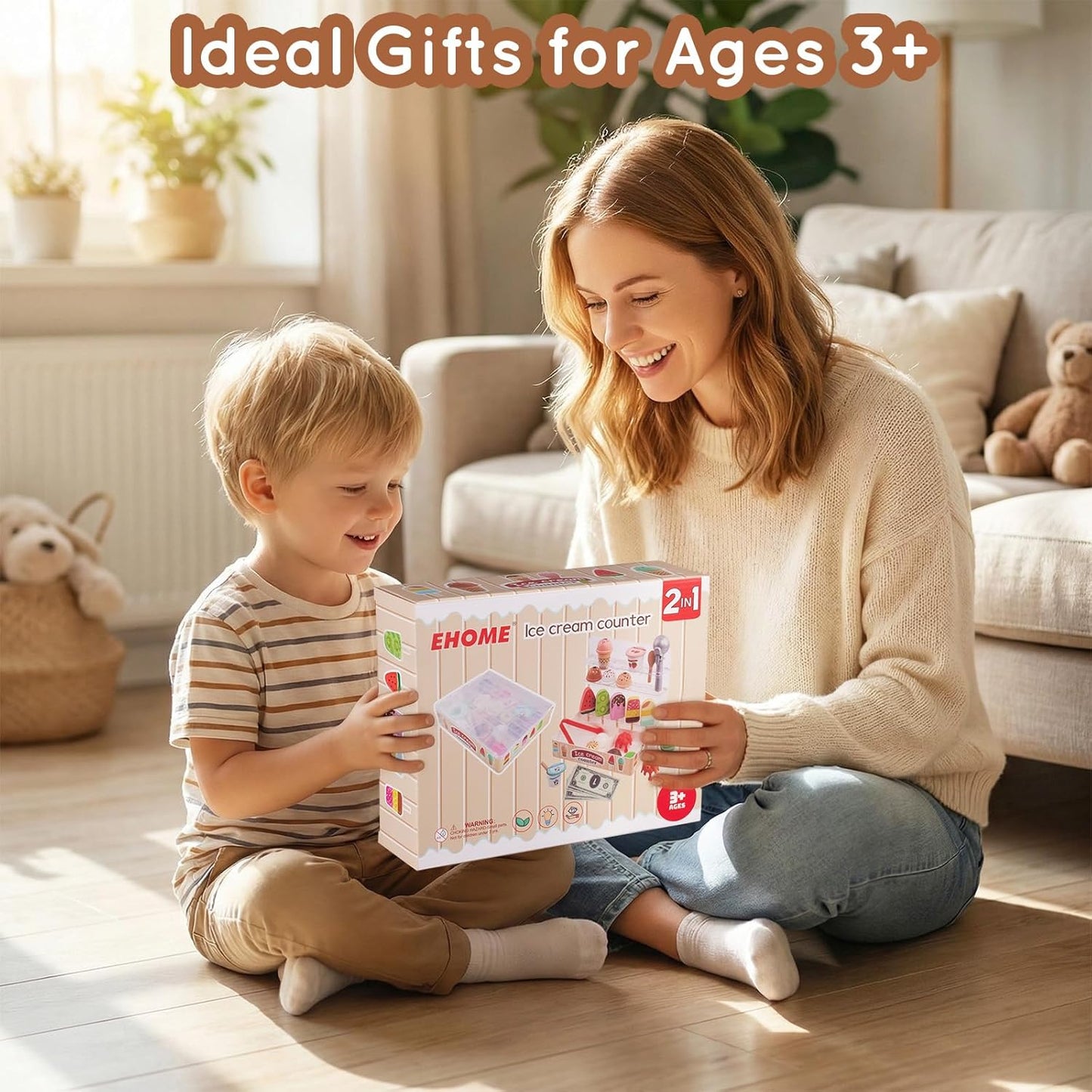 Ehome Wooden Ice Cream Toys Set Pretend Play Food Store for Kids Serve Ice Cream Counter Shop Kitchen Playset with Lucky Wheel, Scoop, Menu, Fake Money for Boys and Girls Ages 3 4 5 6 Birthday Gift