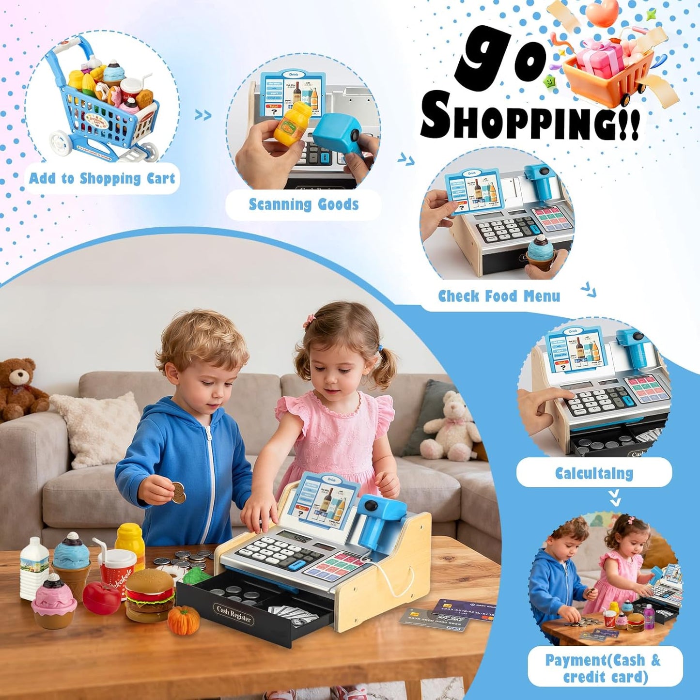 Wooden Cash Register for Kids with Shopping Cart Rechargeable Kid Cash Register with Scanner Gift for Kid Age 3 4 5 6 7 8 9 Year Old Pretend Play for Toddlers Toys for 3-12 Year Old Kids