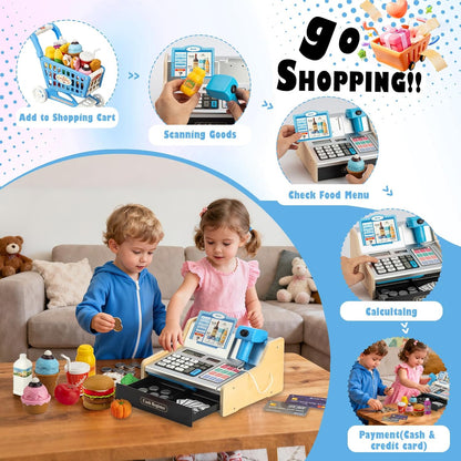 Wooden Cash Register for Kids with Shopping Cart Rechargeable Kid Cash Register with Scanner Gift for Kid Age 3 4 5 6 7 8 9 Year Old Pretend Play for Toddlers Toys for 3-12 Year Old Kids
