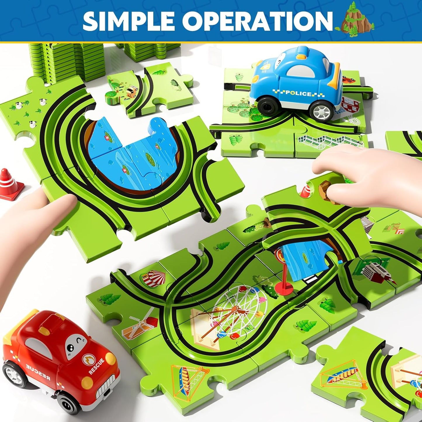 Beby Buty 64PCS Puzzle Track Car Set Toys for Kids Boys, Toddler Toys Gifts for 3 4 5 Year Old, Floor Puzzle Tracks Car for Boys Ages 3-5 4-6, for 3 4 5 6 Year Old