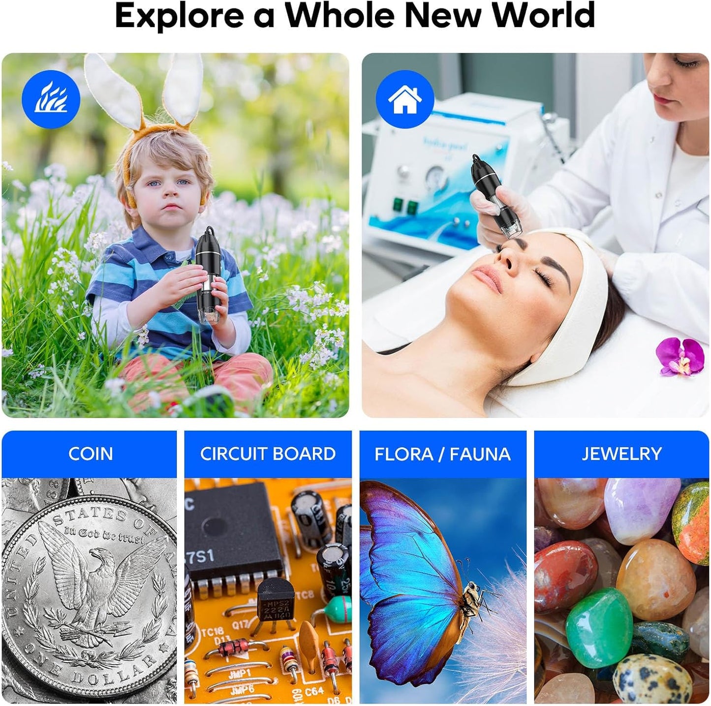 USB Digital Microscope, 50x-1600x Magnification Handheld, 1920P HD 8 LED Lights, Portable Pocket Microscope, Compatible with iOS and Android Devices, +2MP Magnifier Camera, No PC Support