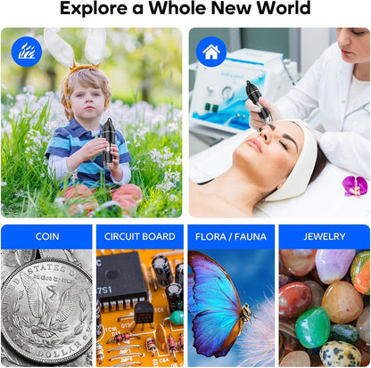 USB Digital Microscope, 50x-1600x Magnification Handheld, 1920P HD 8 LED Lights, Portable Pocket Microscope, Compatible with iOS and Android Devices, +2MP Magnifier Camera, No PC Support