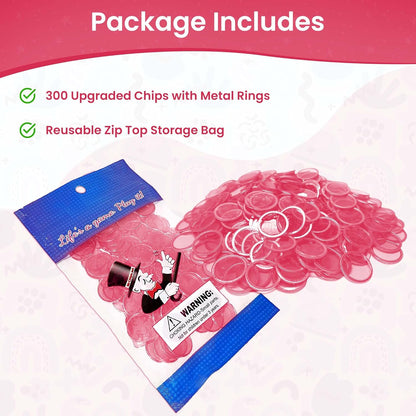 MR CHIPS Magnetic Bingo Chips with Metal Ring 3/4 Inch 300 Upgraded Pieces Red Transparent - Available in 7 Colors A Reusable Storage Bag