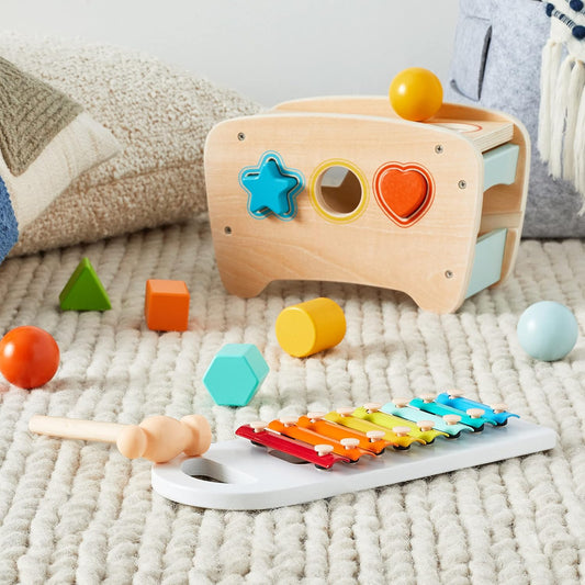 Amazon Basics Musical Pounding Bench With Xylophone and Shape Sorter Educational Toy for Toddlers, Developmental Learning Toy, Age 18M+, Boy Girl Baby, 11.6 x 5.2 x 6.3 inches, Multicolor