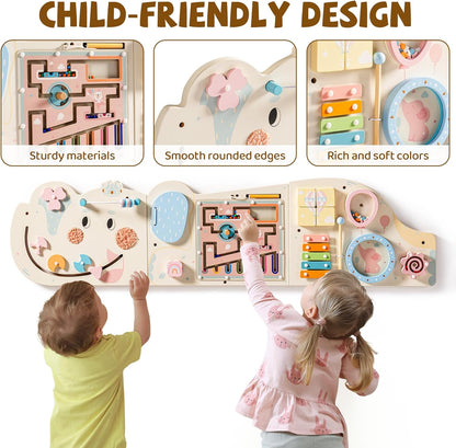 ROBUD Elephant Montessori Busy Board, 12-in-1 Activity Wall Busy Board, Montessori Sensory Wall Panel for Boys & Girls, Toddler Learning Activity Center for Playroom, Nursery, Pink