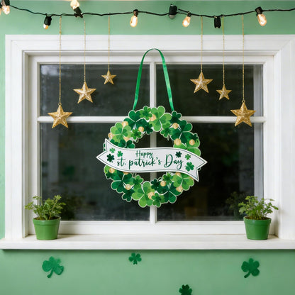 AOMOONOA Lighted St. Patrick’s Day Wreath for Front Door, Battery Operated Shamrock Wreaths with Timer, Wooden Foldable Wreath with Magnetic Word Signs for Irish Holiday Outdoor, Wall Decor