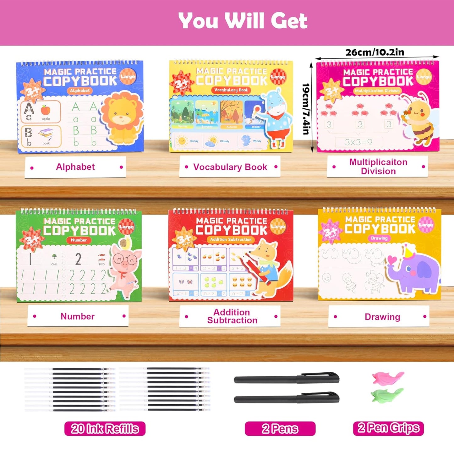 6 Pack Large Grooved Handwriting Copybooks,10.2 x 7.4 In Magic Writing Practice Workbooks with Pens,Reusable Alphabet,Numbers Tracing Books,Kindergarten Preschool Learning Activities