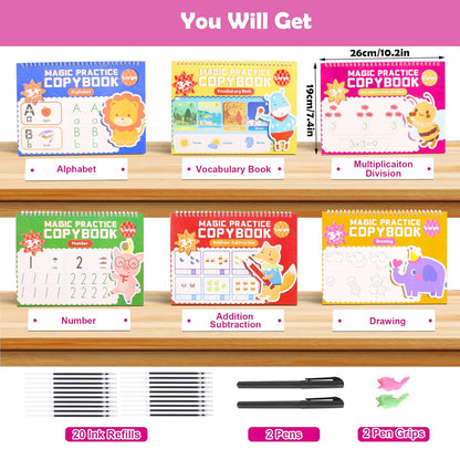 6 Pack Large Grooved Handwriting Copybooks,10.2 x 7.4 In Magic Writing Practice Workbooks with Pens,Reusable Alphabet,Numbers Tracing Books,Kindergarten Preschool Learning Activities